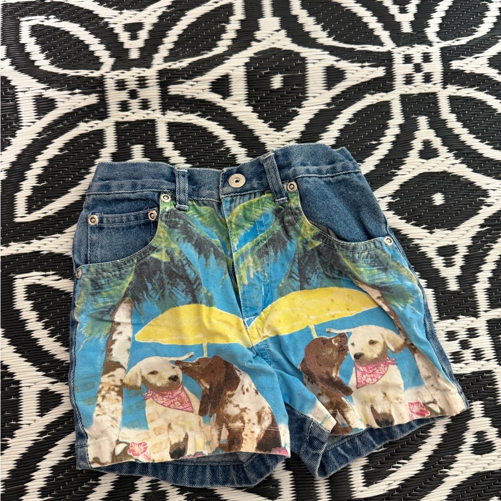 Vintage 90s Faded Glory Toddler Denim Shorts - Dog Puppy Beach Print - 2T